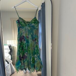Sue Wong Green Floral Spaghetti-Strap Mini Dress